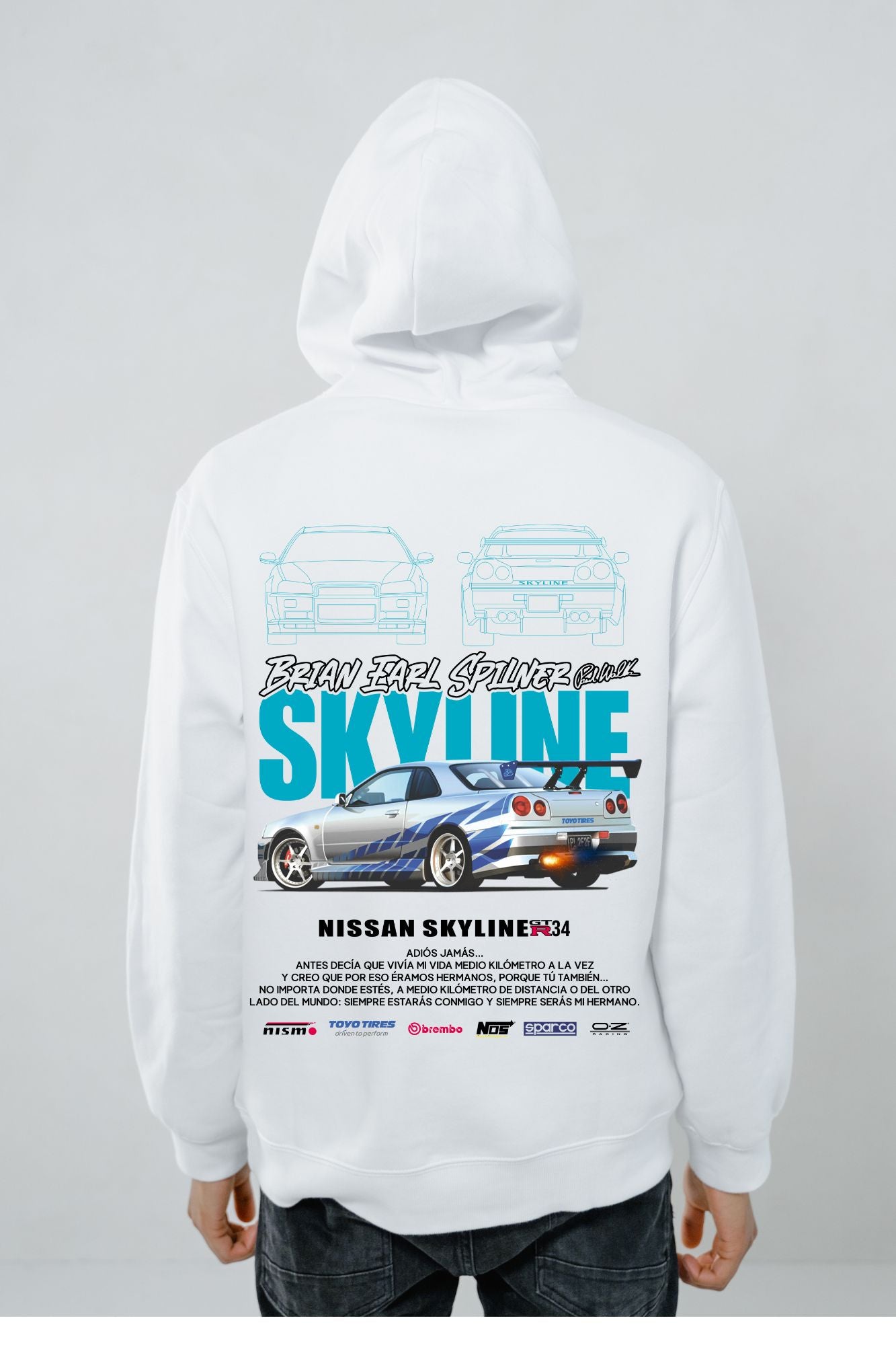 🔥 Hoodie Urban "Skyline GT-R R34" – blanco -Brian Earl Spillberg Tribute 🔥