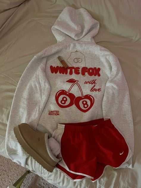 Hoodie Blanco white fox logo rojo