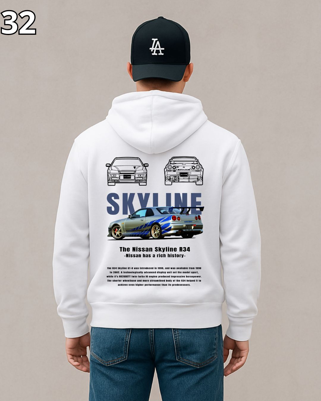 🏁 Hoodie Urban "Auto Gris Nissan Skyline " – Edición Blanca Premium 🏁