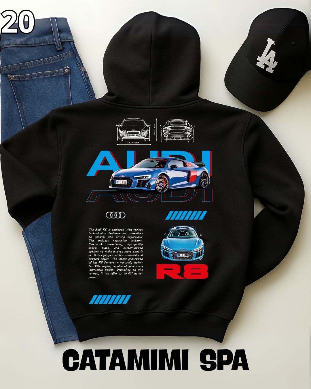 🏁 Hoodie Urban "Auto Azul Audi R8 " – Edición Negra Premium 🏁