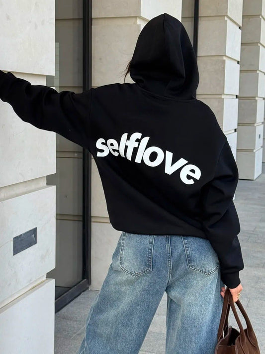 Hoodie self love    modelo manga globo  black