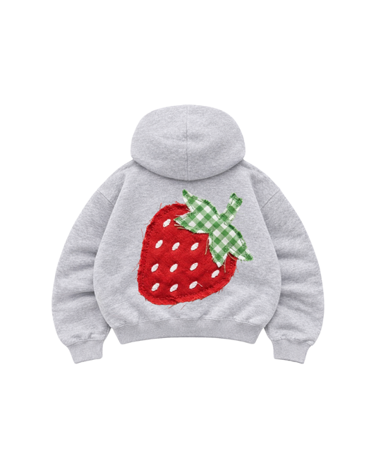 Hoodie Zip Mangas globo grey estampado fresa.