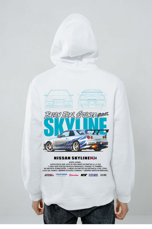 🔥 Hoodie Urban "Skyline GT-R R34" – blanco -Brian Earl Spillberg Tribute 🔥