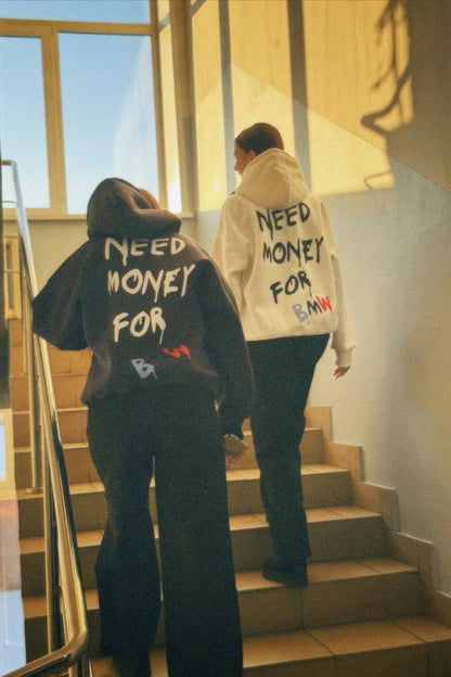 Hoodie need money modelo manga globo  Blanco