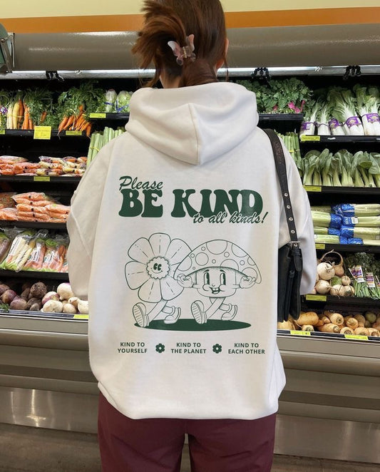 Hoodie blanco logo verde  please be kind
