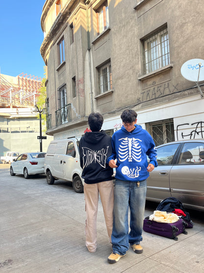 Hoodie esqueletos modelo manga globo azul