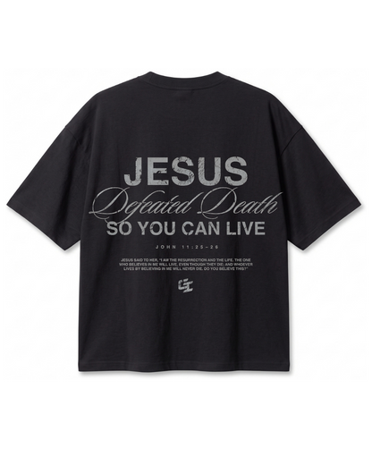 Polera Oversize Jesus Defeated Death | Frente y Espalda