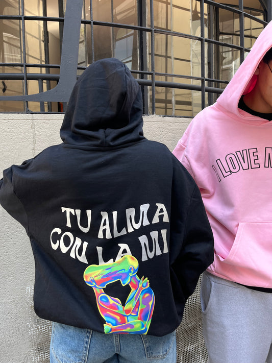 Hoodie tu alma con la mía modelo manga globo negro
